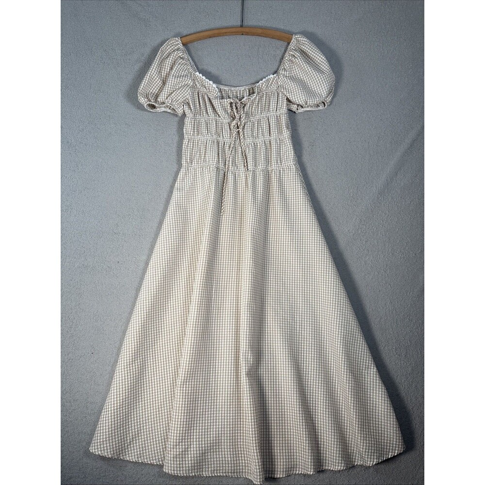 SHEIN Womens Size M Gingham Brown‎ Milk Maid Midi Dress Ditsy Farm Girl Cottage